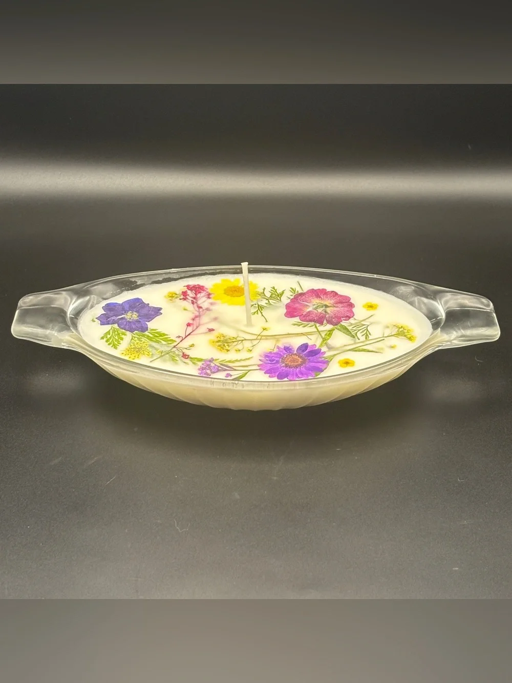 Floral Embedded Soy Candle in Glass Dish - Purple Pink Yellow Flowers